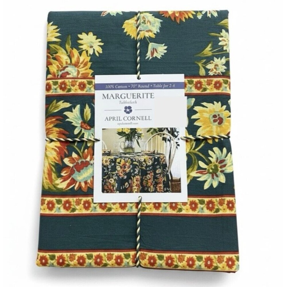 April Cornell Marguerite Floral Tablecloth 70 round Colorful Navy Yellow Cottage
